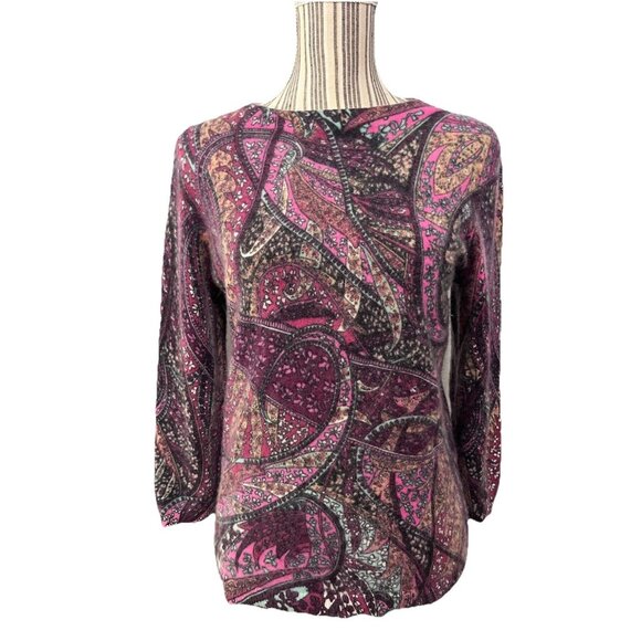 Talbots 100% Cashmere Aubrey Paisley Sweater Magenta LARGE Luxe Knit Artsy Top - Picture 1 of 4